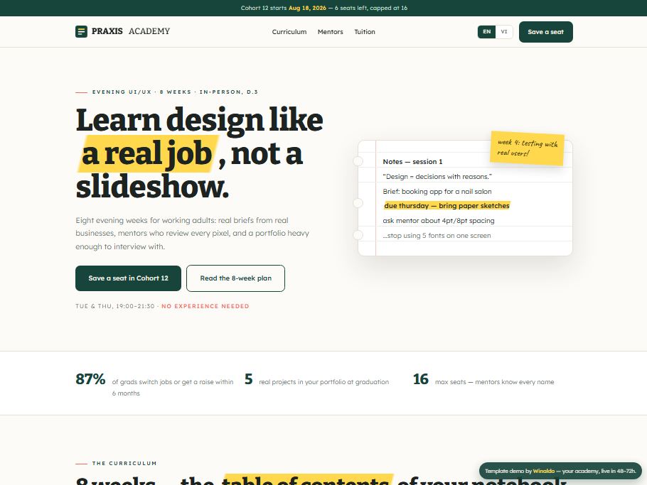 PRAXIS ACADEMY — notebook-styled course page with 8-week curriculum