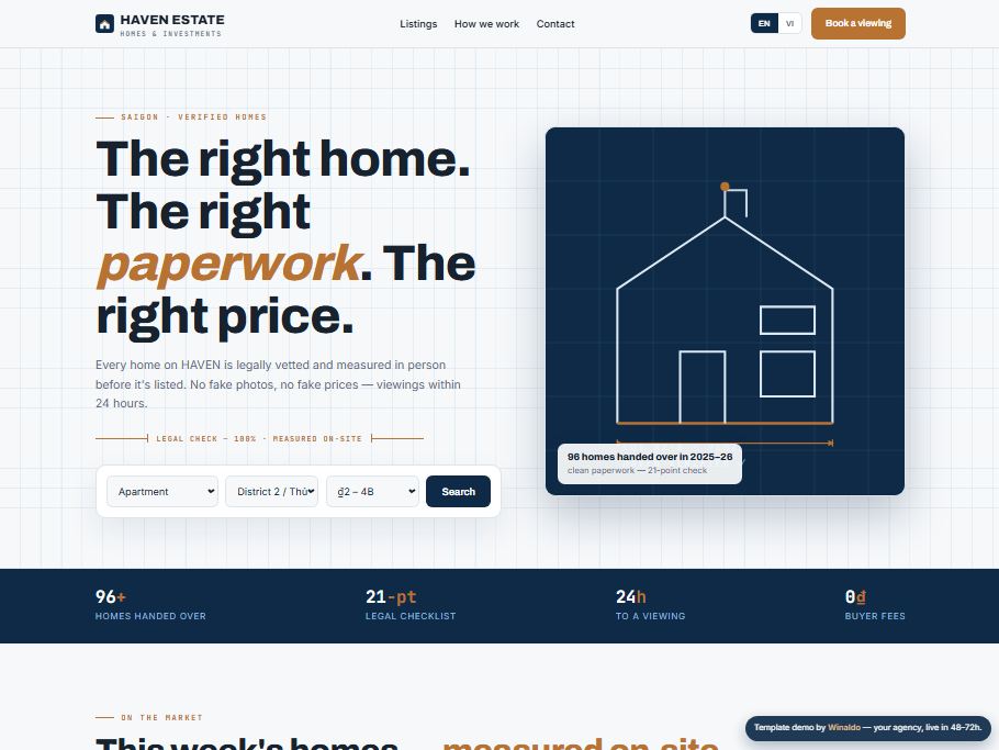 HAVEN ESTATE — blueprint-styled real estate listings with lead form