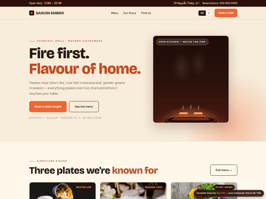 SAIGON EMBER — charcoal grill restaurant with menu board and reservations